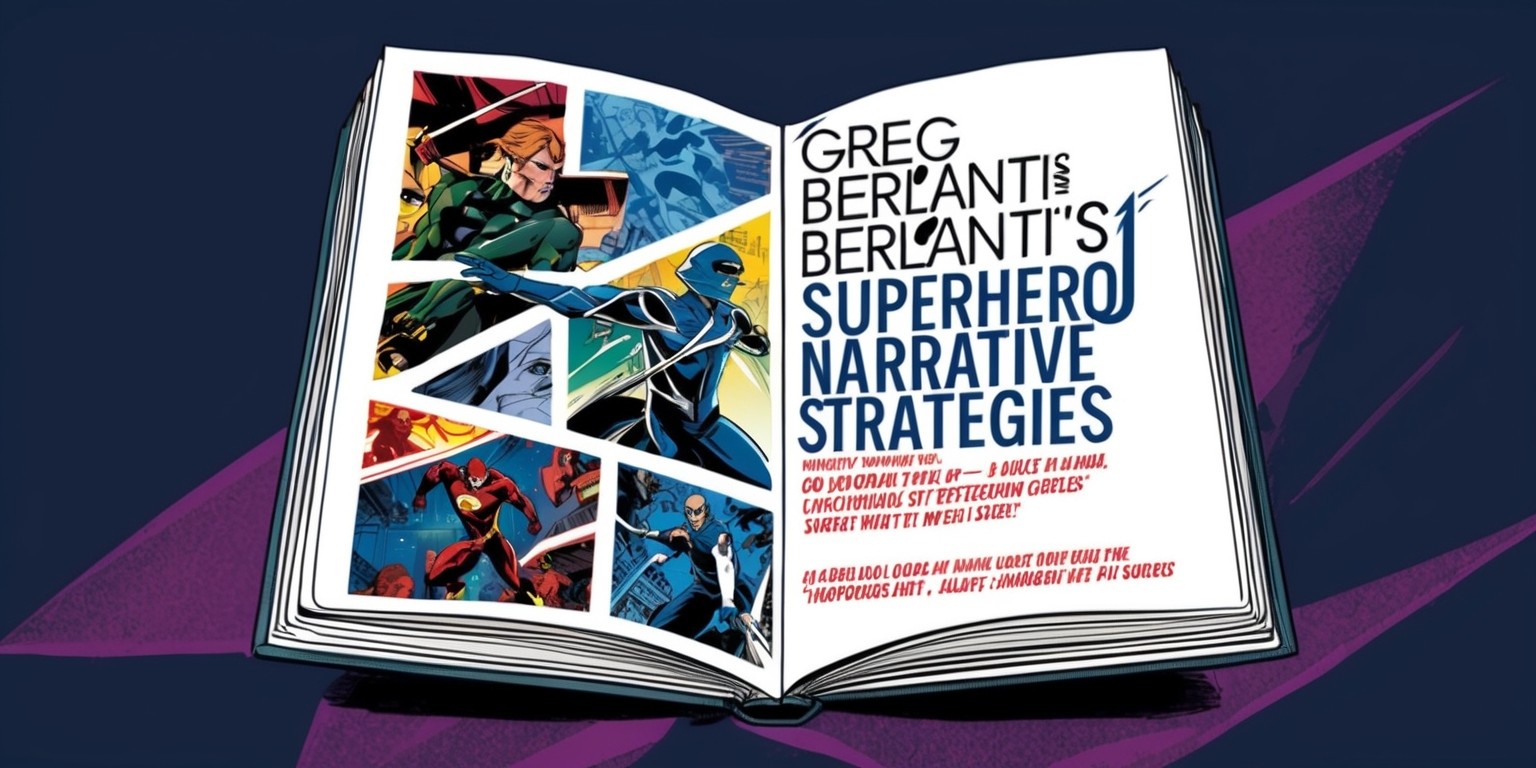 A stylized illustration of an open book or a movie script with the title Greg Berlanti's Superhero Narrative Strategies emblazoned on the cover in bold, modern, sans-serif font, with the text overlapping action-packed comic book panels or cinematic scenes of superheroes in vibrant colors, set against a dark blue or purple background, evoking a sense of drama and heroism, with subtle hints of Greg Berlanti's signature style, possibly incorporating nods to his notable works such as Arrow or The Flash, with a mix of digital and hand-drawn elements, and a generally dynamic, energetic composition that conveys the excitement and complexity of superhero storytelling.