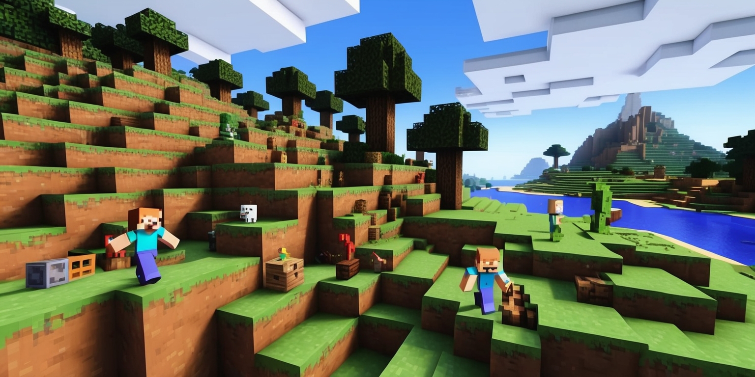 A vibrant, detailed digital illustration of the Minecraft game world, featuring a mix of blocky, low-resolution textures and vivid, realistic lighting, with a warm color palette dominated by earthy tones of green, brown, and beige, set against a bright blue sky with puffy white clouds, depicting a scenic landscape with rolling hills, towering trees, and a serene lake in the distance, with a few iconic Minecraft characters, such as Steve or Alex, in the foreground, engaged in activities like mining, crafting, or exploring, surrounded by various Minecraft blocks, items, and tools, with intricate details and subtle animations that bring the scene to life.