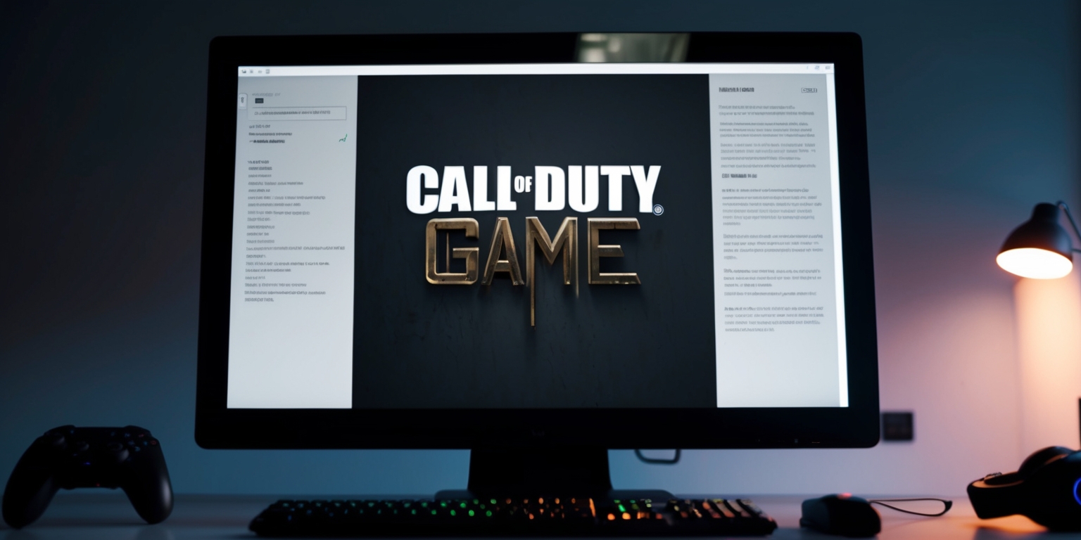 A high-definition image of a computer screen displaying the Call of Duty game update page with a dark muted background, the game's logo prominently featured in bold metallic colors, and a list of update notes in a clean modern font, with a faint glow effect on the screen's edges, the room surrounding the computer is dimly lit with a single soft light source casting a warm glow on the screen, and a few gaming accessories such as a controller and a headset are partially visible in the periphery, the overall aesthetic is sleek and futuristic with a focus on the digital elements.