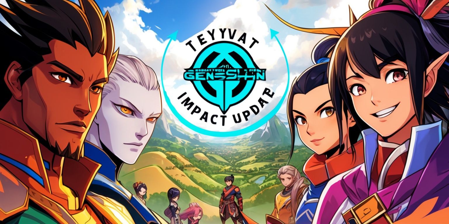 A vibrant illustration depicting a crucial scene from the latest Genshin Impact game update, featuring a diverse group of characters with distinct facial features and skin tones, including Diluc with his sharp jawline and amber eyes, Kaeya with his pale skin and piercing gaze, and Ningguang with her bright smile and almond-shaped eyes, set against a stunning backdrop of the game's fantasy world, Teyvat, with its rolling hills, towering mountains, and expansive skies, incorporating a mix of warm and cool colors, bold lines, and intricate details, with the game's logo prominently displayed in a modern, sans-serif font, in a bright, electric blue hue, and a tagline written in a curved line above the logo, in a stylized, cursive script, with the overall composition exuding a sense of adventure, excitement, and discovery.