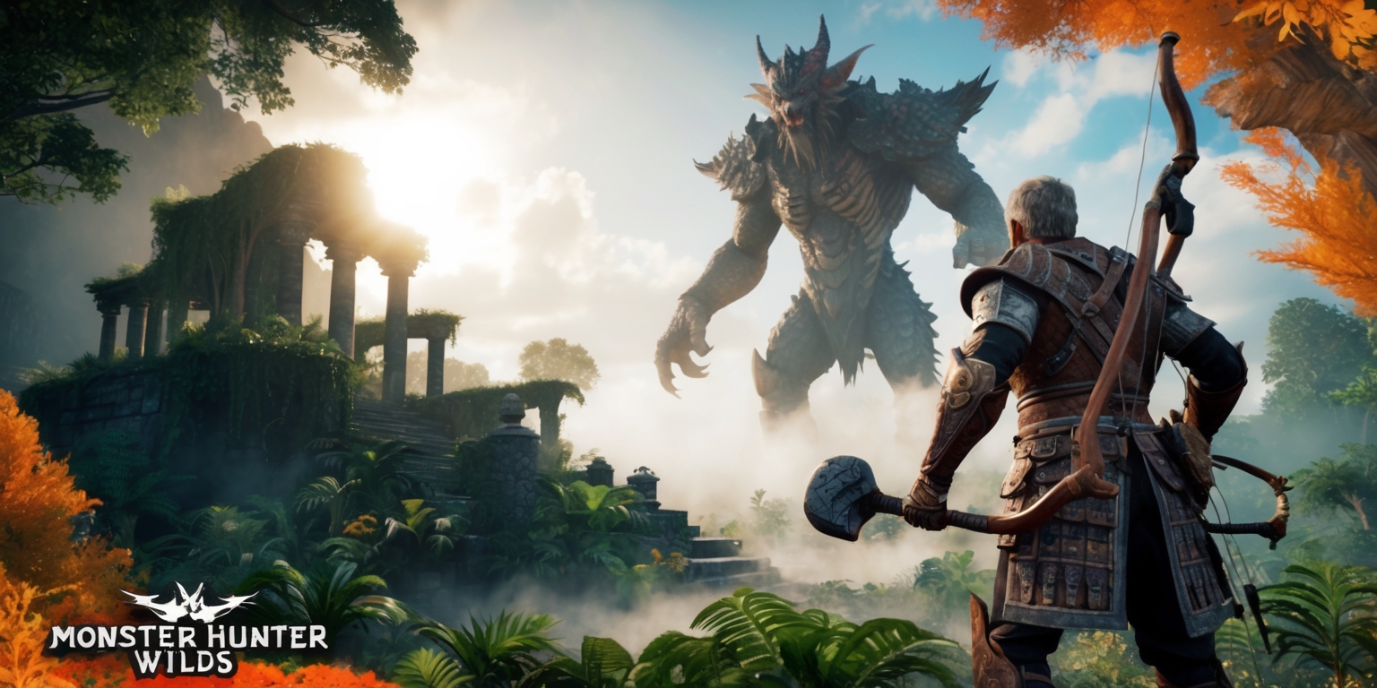 A sweeping, cinematic landscape depicting a dynamic scene from the Monster Hunter Wilds game, with a majestic, towering monster, such as a Diablos or Rathalos, stood atop a mist-shrouded, ancient ruin, surrounded by dense, vibrant foliage, with the sun peeking through the canopy above, casting dappled shadows on the terrain, as a heroic, armored hunter, clad in intricately detailed, worn leather and metal armor, stands steadfast, gazing upwards at the beast, with a sturdy, ornate bow or hammer at the ready, set against a warm, earthy color palette with bursts of fiery orange and turquoise, evoking a sense of high-stakes adventure and epic fantasy.
