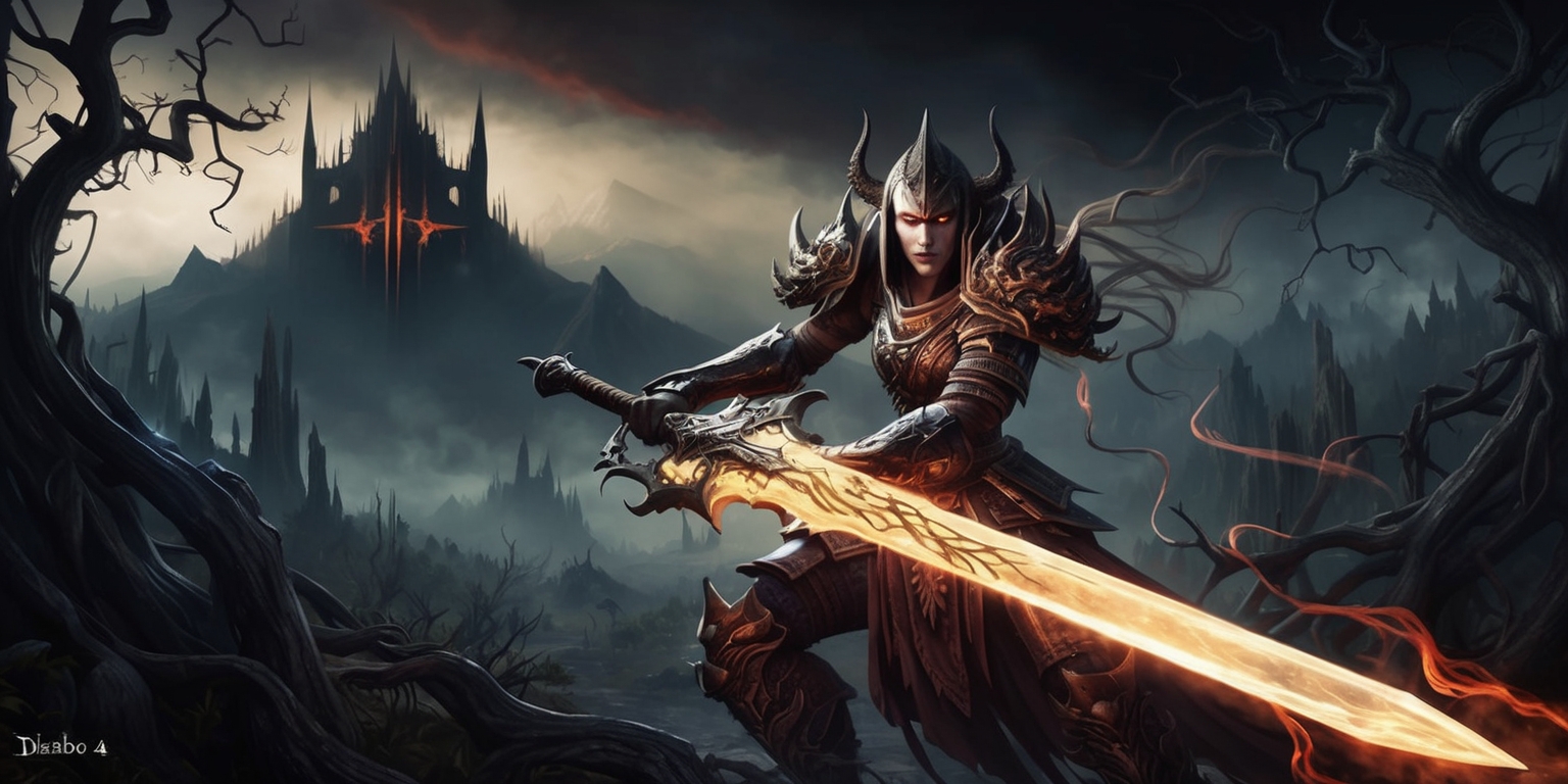 A dark fantasy-themed illustration inspired by Diablo 4, featuring a gothic architecture landscape with twisted, gnarled trees and ominous, mist-shrouded mountains in the background, set against a dark, foreboding sky with subtle, fiery hues, depicting a powerful, armored warrior, likely a barbarian or sorceress, with intricate, hellish-inspired armor, gripping a massive, glowing sword, surrounded by faint, ethereal auras and wispy, demonic tendrils, with subtle, eerie lighting accentuating the character's dramatic, intense facial expression, showcasing the darkness and malevolence of the Diablo universe, in a detailed, high-contrast, oil-painting-inspired art style with bold brushstrokes and vivid, muted colors.