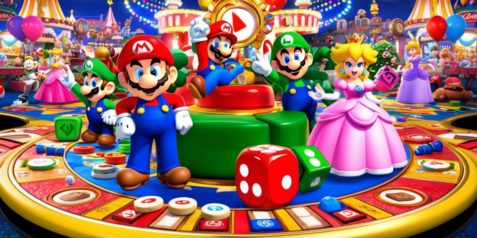 A vibrant and lively scene depicting a revamped Mario Party game, with Mario, Luigi, Princess Peach, and other iconic characters gathered around a large, ornate game board, featuring bright colors, bold textures, and exciting graphics, the characters are all uniquely designed with detailed facial features, varied skin tones, and distinctive outfits, with Mario wearing his classic red hat and blue overalls, Luigi donning his green overalls, and Princess Peach adorned in her elegant pink gown, the game board itself is filled with rolling dice, spinning wheels, and other interactive elements, set against a backdrop of a bustling carnival or amusement park, complete with twinkling lights, colorful balloons, and a sense of energetic fun, the overall style is reminiscent of a classic Nintendo game, with a mix of realistic and cartoonish elements, and a sense of excitement and competition filling the air.