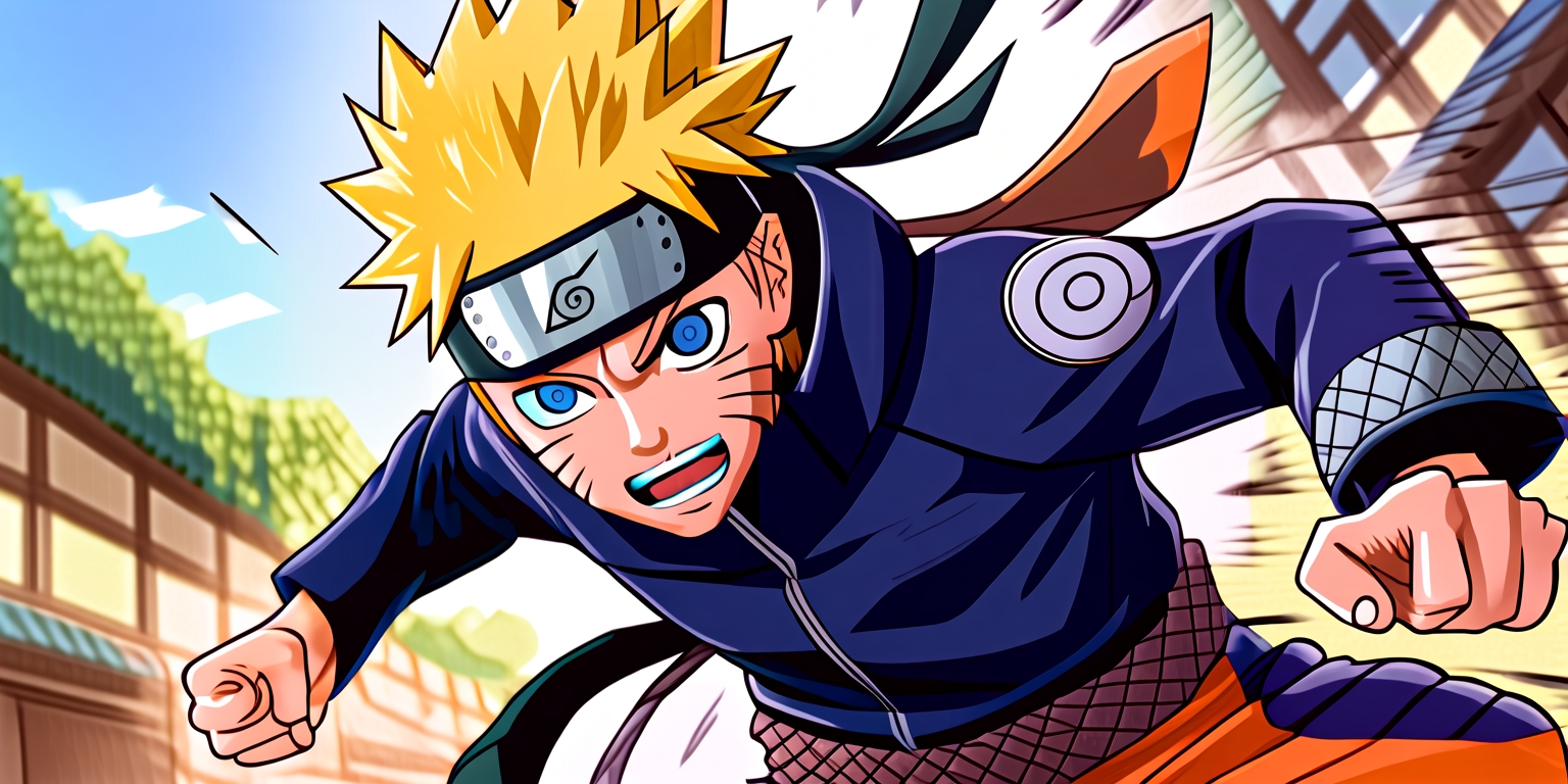 A vibrant and dynamic illustration of Boruto Uzumaki, the main protagonist from the popular manga series, showcasing his energetic and determined personality. He is depicted in a dynamic pose, with his blonde hair styled in a spiky fashion, and his blue eyes gleaming with intensity. He wears his iconic ninja outfit, complete with a forehead protector and a ninja headband, emblazoned with the Uzumaki clan symbol. The background is a warm, sunny day in the Hidden Leaf Village, with subtle hints of Japanese architecture and lush greenery. The art style blends traditional manga elements with modern digital painting techniques, resulting in bold lines, vibrant colors, and textures that evoke a sense of energy and movement. The overall mood is youthful, adventurous, and full of action, capturing the essence of the beloved manga series.