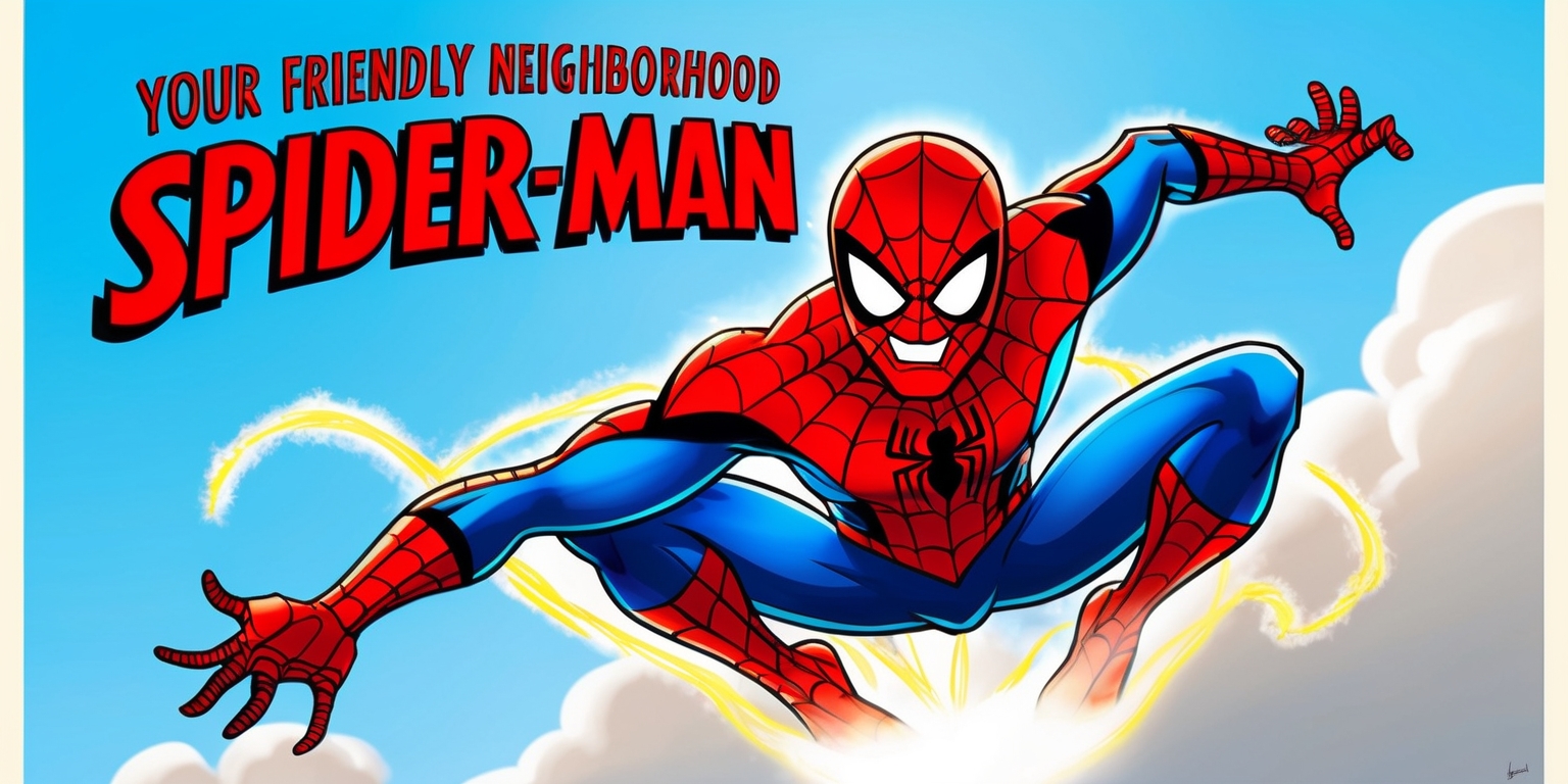 A vibrant, stylized illustration of Spider-Man in a dynamic pose, set against a bright blue sky with fluffy white clouds, reminiscent of a Marvel Comics cover art. Spider-Man wears his iconic red and blue suit, complete with a bold, black spider emblem on his chest, and a friendly, approachable facial expression with bright, white teeth and bright, expressive eyes. His physique is athletic yet lean, with a subtle, energetic glow surrounding his body, conveying a sense of movement and action. The overall style is a perfect blend of comic book aesthetic and modern digital art, with bold lines, vivid colors, and subtle textures. The title Your Friendly Neighborhood Spider-Man is emblazoned in bold, red, cursive script across the top of the image, with the font resembling a classic, handwritten style. The entire scene exudes a sense of excitement, energy, and heroism, capturing the essence of Spider-Man's iconic character.