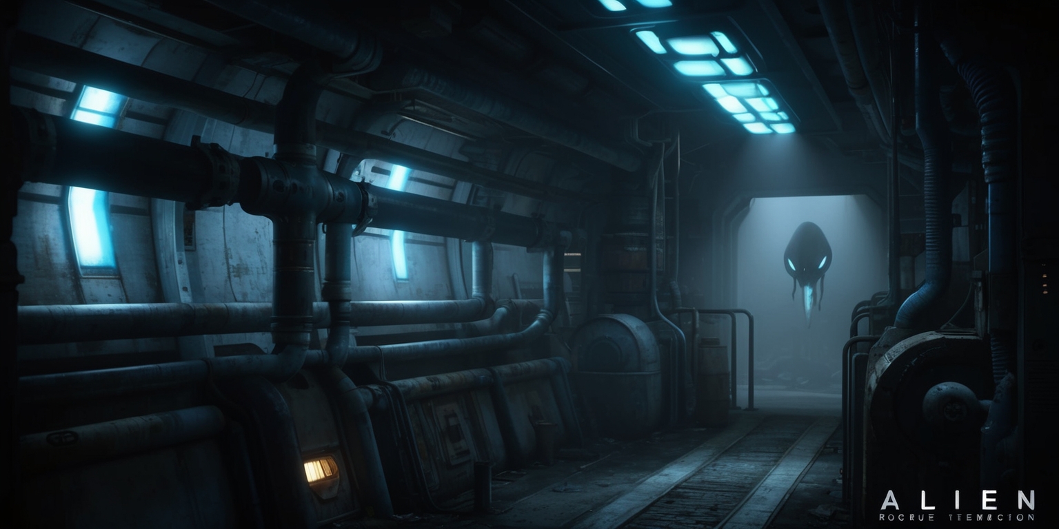 A hauntingly lit, futuristic sci-fi scene depicting an eerie atmosphere, inspired by the Alien: Rogue Incursion game, with a focus on a deserted, industrial-themed space station or ship interior, featuring metallic walls, pipes, and machinery, dimly lit by flickering, blue-tinted fluorescent lights, casting long shadows and an air of foreboding, with a sense of tension and dread, as if the alien threat is lurking just out of sight, with hints of rust, grime, and wear on the machinery and walls, and a subtle, eerie atmosphere, evoking a sense of claustrophobia and vulnerability, with a possible glimpse of the alien's shadowy figure or a disturbing, biomechanical detail in the background, and the overall aesthetic is dark, gritty, and unsettling, with muted, ominous colors and a sense of impending doom.