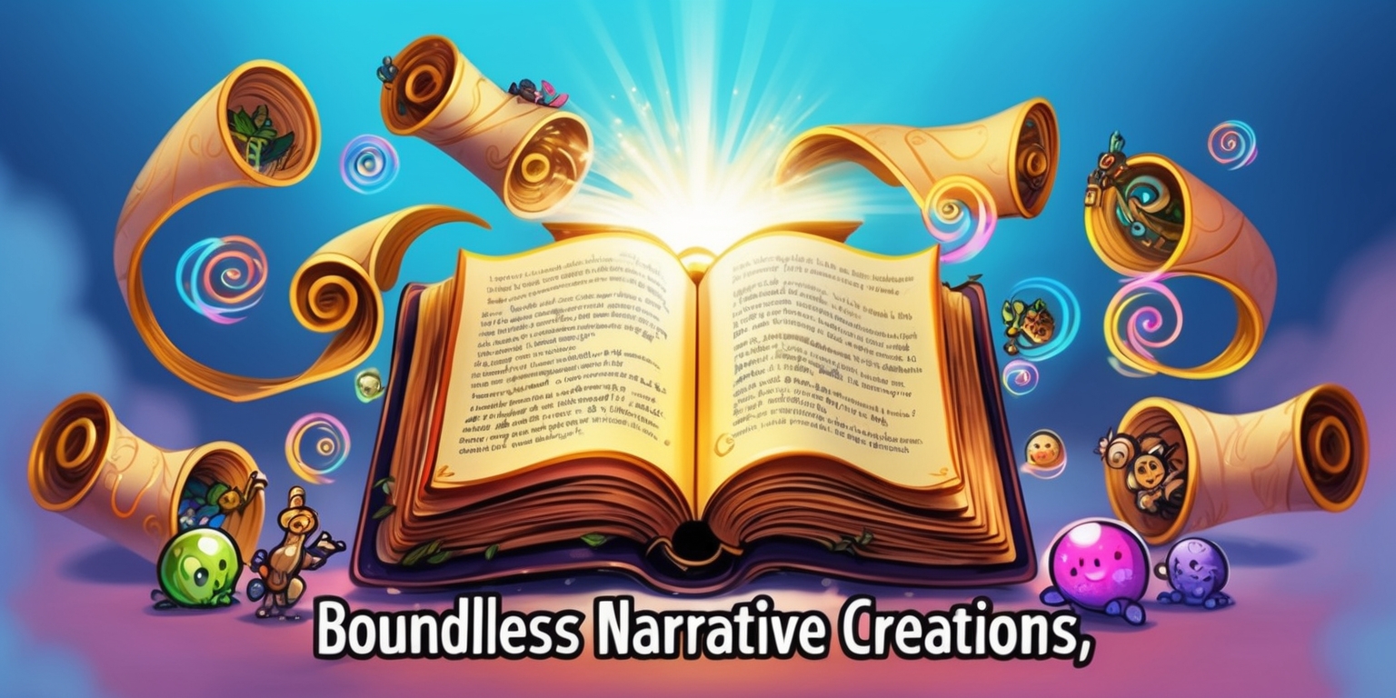A whimsical illustration of a fantastical game scene, Boundless Narrative Creations, set against a dreamy, gradient blue background, evoking a sense of limitless storytelling possibilities. In the center, a majestic, open book with gold-edged pages and a glowing, ethereal light emanating from within, symbolizing the infinite potential of narrative creations. Surrounding the book, curled scrolls with intricate, swirling patterns and colorful, swirling lights, representing the boundless realms of imagination. Amidst the scrolls, a scattering of curious, glowing orbs, each containing tiny, animated characters, creatures, and objects, brought to life from the stories within. The overall style is vibrant, playful, and fantastical, with bold lines, expressive textures, and a sense of movement, as if the stories are unfolding before our eyes.