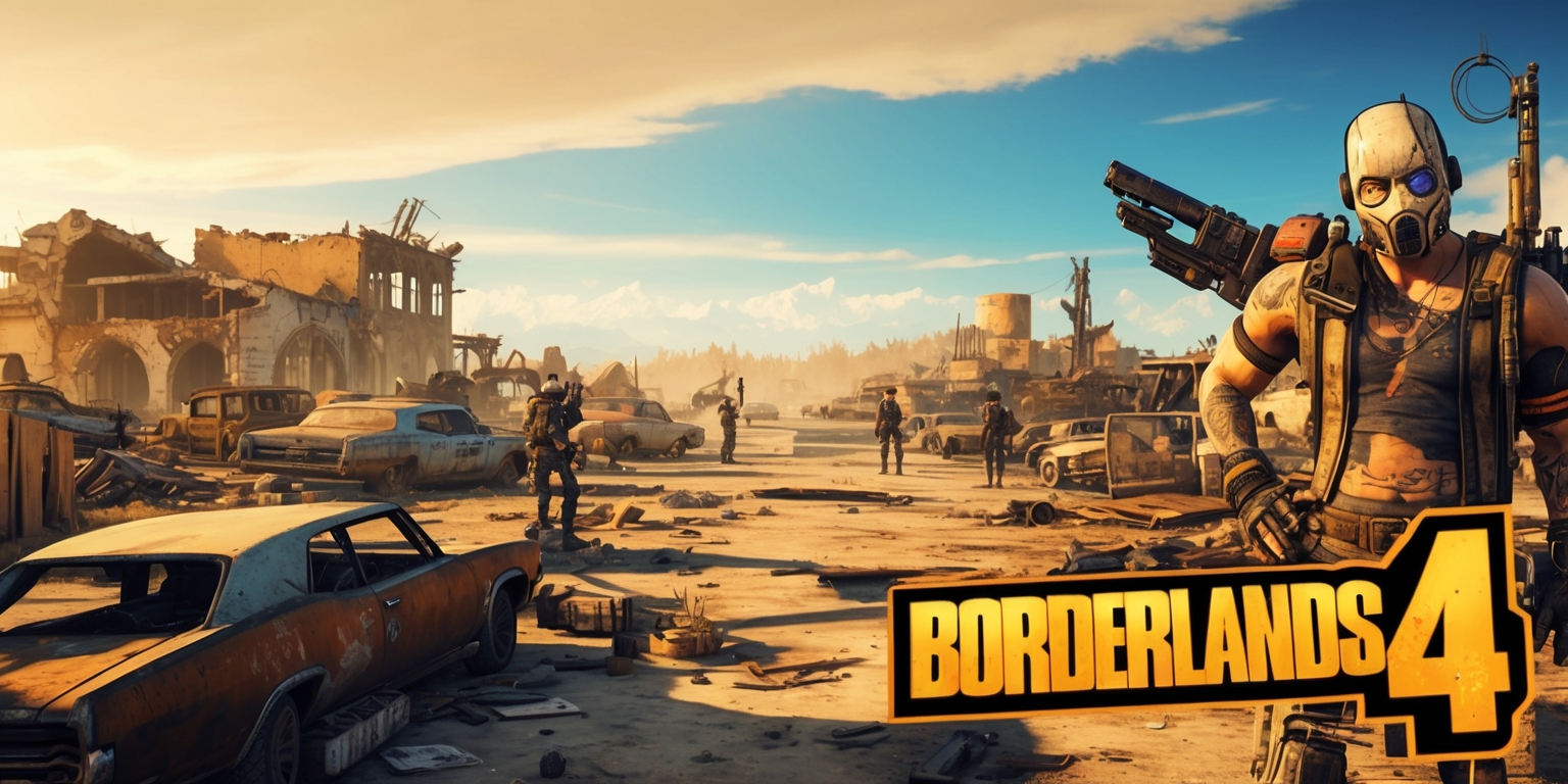 A vibrant, dystopian landscape from the Borderlands 4 game, with a dusty, worn, and abandoned environment, featuring ruined buildings, old rundown cars, and debris-filled streets, set against a backdrop of a vast, open sky with a mix of warm, golden hues and cool, blue tones, inhabited by rugged, battle-hardened characters with distinctive facial features, varied skin colors, and unique tattoos, armed with an array of futuristic, high-tech guns and gadgets, with the game's signature cel-shaded graphics style, bold lines, and bright, pop-art colors, and incorporating the game's logo, a stylized, metallic font with a bold, black outline and a bright, orange color scheme, prominently displayed in the foreground.