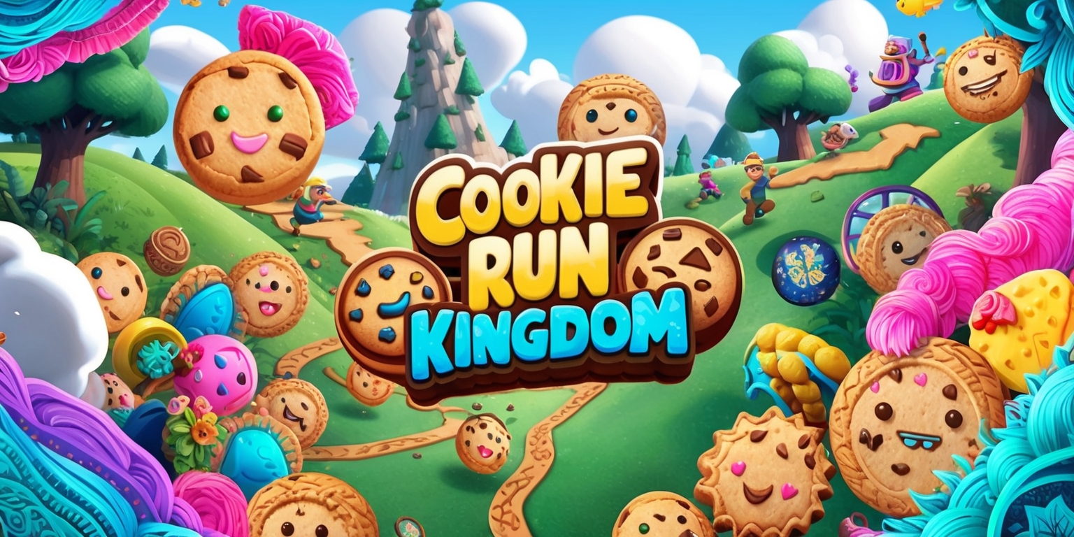 A vibrant digital illustration of the Cookie Run Kingdom game, featuring a variety of colorful cookies with distinct facial features and accessories, set against a whimsical backdrop with rolling hills, towering trees, and fluffy white clouds, with the cookies engaged in various activities such as running, jumping, and interacting with each other, surrounded by intricate details and textures, with a mix of bright colors like pink, blue, yellow, and green, and a dynamic composition that showcases the game's playful and adventurous spirit, with bold lines, soft shading, and intricate patterns, and a sense of depth and dimensionality that draws the viewer into the world of Cookie Run Kingdom.
