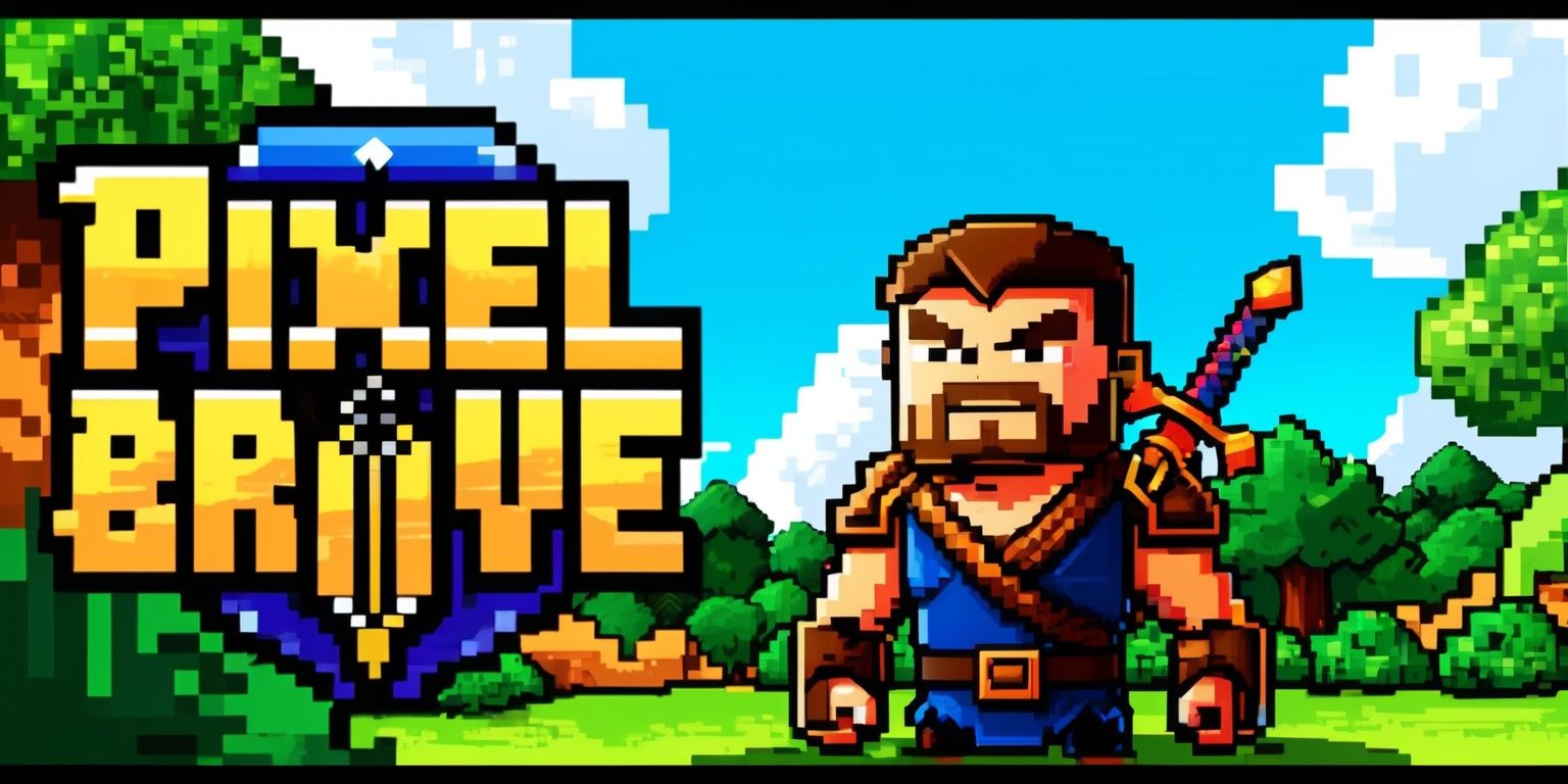 A vibrant, colorful illustration of a fantasy role-playing game scene, set in a pixel art style, with a brave warrior character standing idle in the center, surrounded by lush greenery, with a bright blue sky and fluffy white clouds in the background, the character has a strong, determined facial expression, with a few days' worth of stubble, and a unique sword at their side, the game's logo, in a bold, golden font with a hint of pixelation, is prominently displayed in the top left corner, with the words Pixel Brave written in a curved line above a stylized image of a sword, the overall aesthetic is nostalgic and retro, with a focus on dynamic lighting and intricate details, and the layout is balanced, with ample negative space to draw attention to the central character.